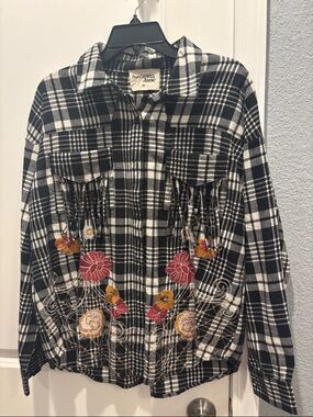 Savanna Jane Black & White Plaid Shacket with Multicolor Floral Embroidery